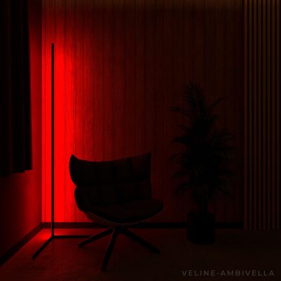 A sleek, corner-fitting Veline lamp made of steel, featuring a customizable RGB strip light for ambient illumination.