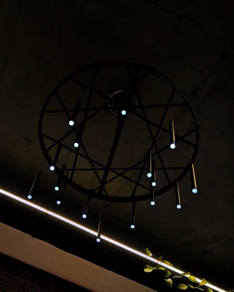 Futuristic Deus Ex chandelier made from powder-coated steel, SMD LEDs, and 3D printed plastic, inspired by the game Deus Ex Mankind Divided.